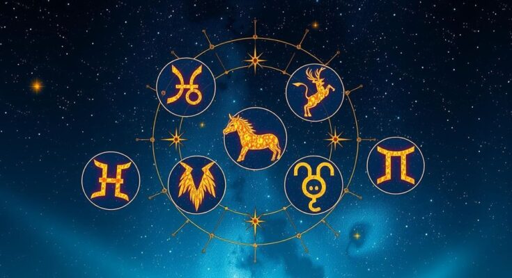 Гороскопы на 9 февраля 2025 года с символикой знаков зодиака и звездным фоном.