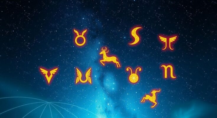 Космическое изображение 12 знаков зодиака под звездами с яркими символами, каждый символ представляет знак.