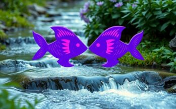 Зодиакальный знак Рыбы под открытым небом с фиолетовыми и водными элементами, символизирующий процветание и новое начало.