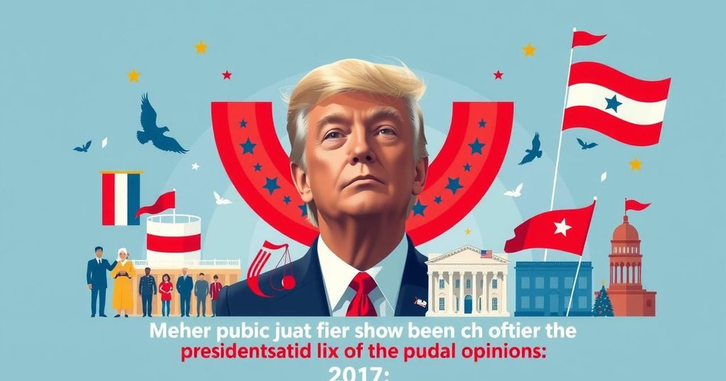 Графическое представление общественного мнения о президентстве Трампа, политическая символика, красные и синие тона.