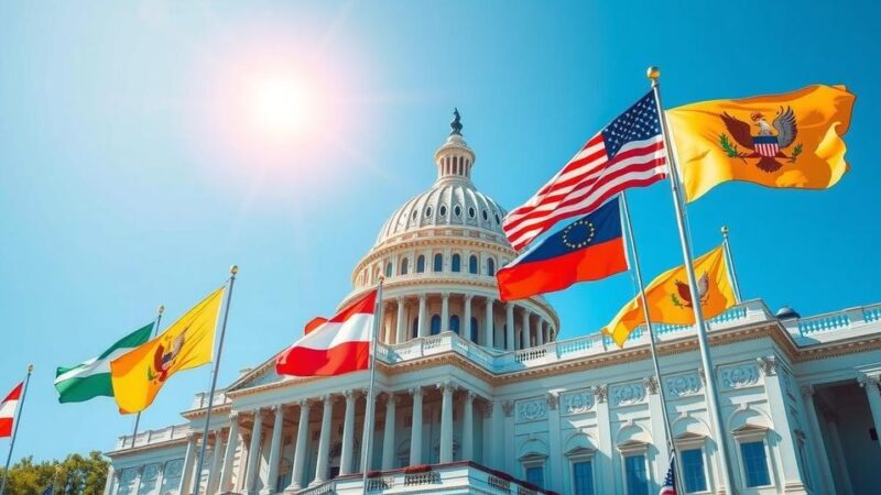 Капитолий США под ярким небом, с флагами, символизирующими политические изменения.