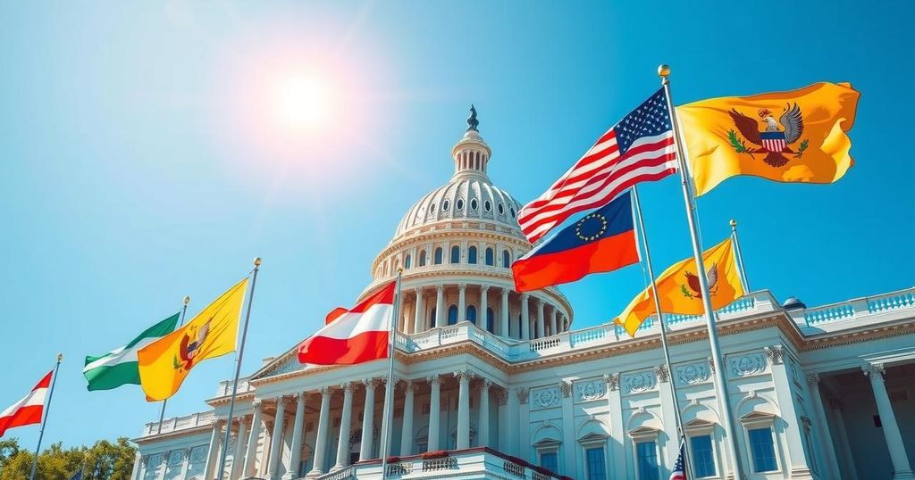 Капитолий США под ярким небом, с флагами, символизирующими политические изменения.