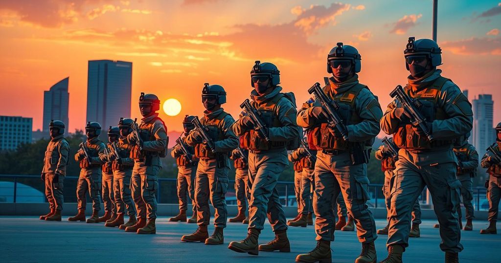 Национальная гвардия в Лос-Анджелесе, защитники, охраняющие порядок, современная военная техника.