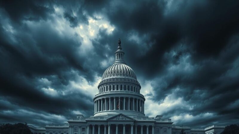 Здание Конгресса США на фоне сумрачного неба, символизируя политическую напряженность и кризис.