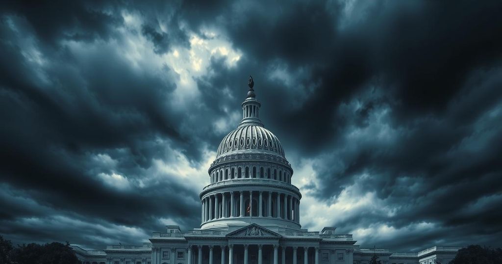 Здание Конгресса США на фоне сумрачного неба, символизируя политическую напряженность и кризис.