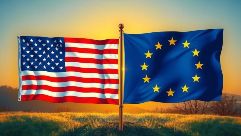 Два флага, один с символами США и другой с символами ЕС, олицетворяют согласие в политике.