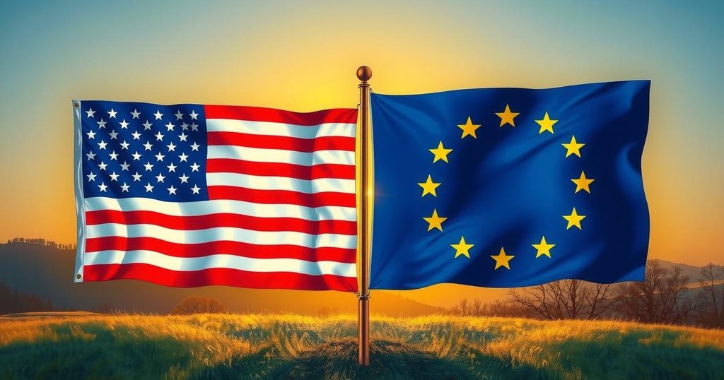 Два флага, один с символами США и другой с символами ЕС, олицетворяют согласие в политике.