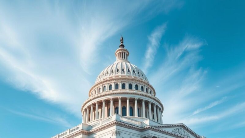 Здание Конгресса США на фоне ясного неба, символизирующее политические решения.