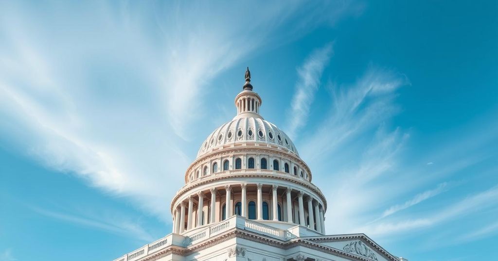 Здание Конгресса США на фоне ясного неба, символизирующее политические решения.