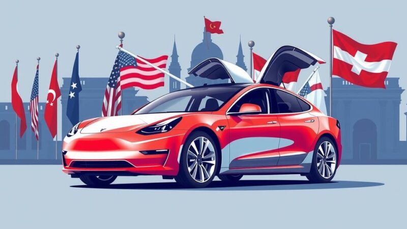 Электромобиль Tesla на фоне политической символики и красного, белого и синего цветовых схем.