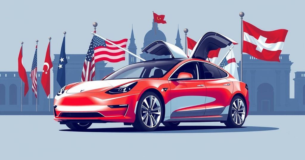 Электромобиль Tesla на фоне политической символики и красного, белого и синего цветовых схем.