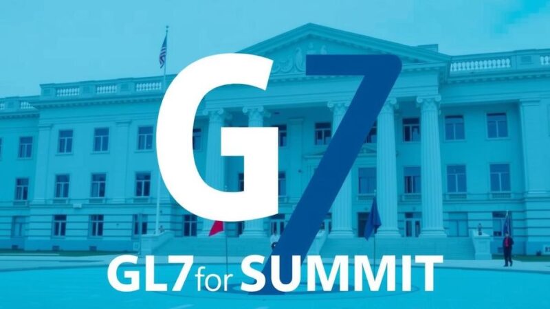 Логотип G7 на фоне государственного здания, знак зависимости и единства на собраниях.
