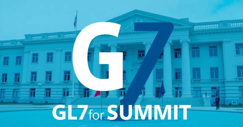 Логотип G7 на фоне государственного здания, знак зависимости и единства на собраниях.