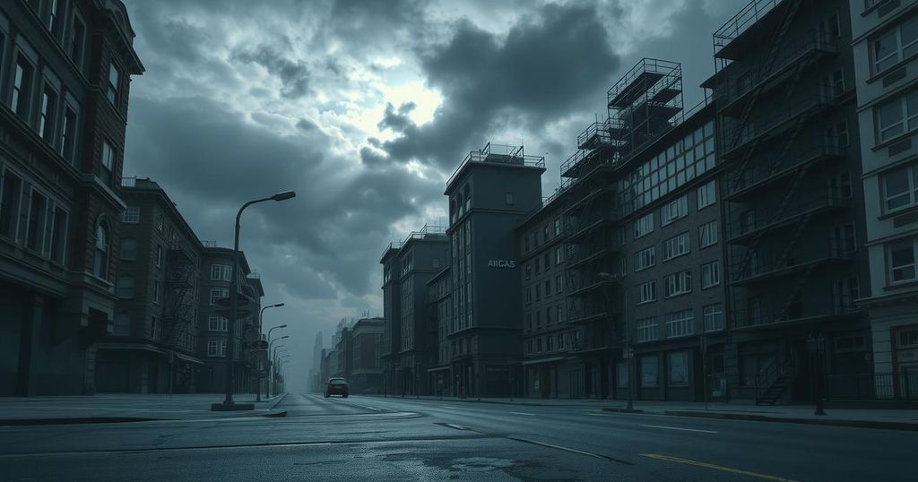 Мрачный городской пейзаж с пустыми улицами и темными облаками, символизирующий нестабильность.