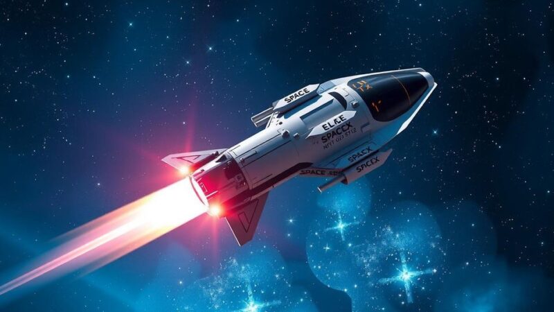 Космический корабль с логотипом SpaceX на фоне яркой звездной вселенной