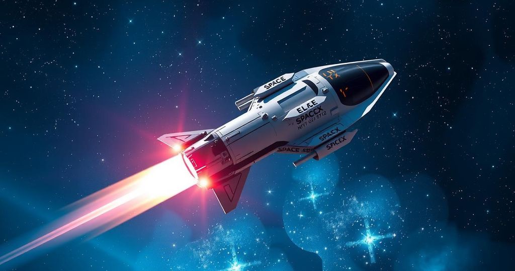 Космический корабль с логотипом SpaceX на фоне яркой звездной вселенной