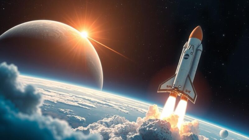 Космический концепт: ракета SpaceX на фоне планеты и звезд, выполненный в темно-синих и золотых тонах.