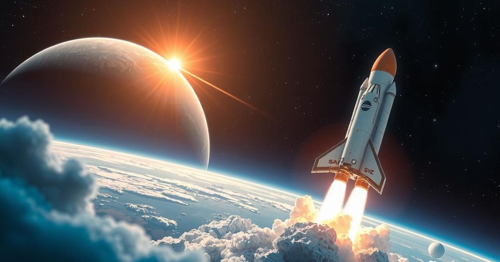 Космический концепт: ракета SpaceX на фоне планеты и звезд, выполненный в темно-синих и золотых тонах.