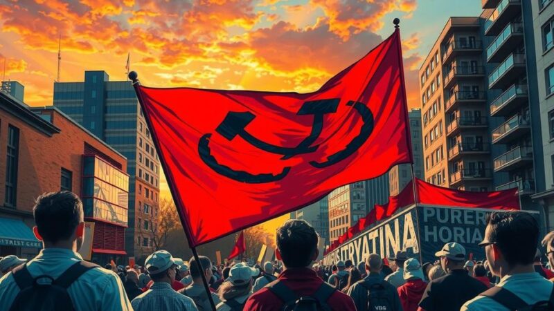 Символ протеста против авторитаризма с красным флагом на фоне городской улицы.