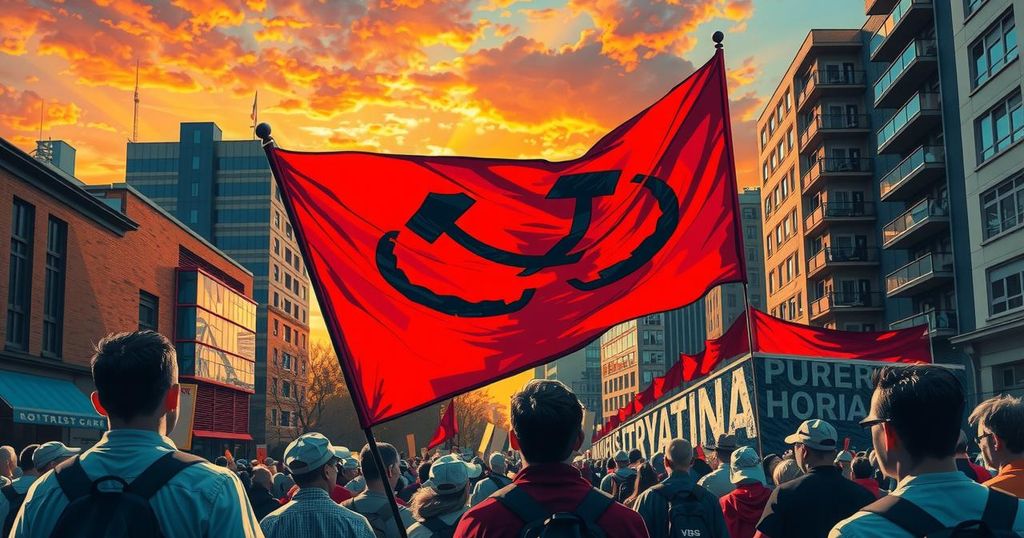 Символ протеста против авторитаризма с красным флагом на фоне городской улицы.