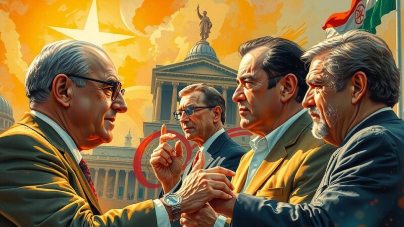 Сцена с элементами политики и технологий, символизирующая разногласия между лидерами, в тёплых тонах.