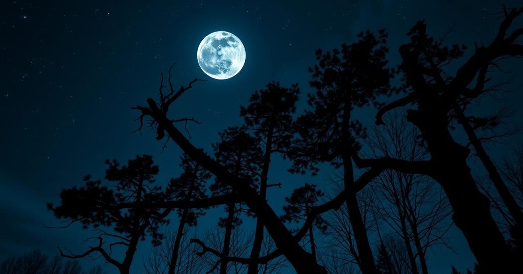 Деревья на фоне ночного неба с луной, звезды светят ярко. Синий и черный цвет подчеркивают тяжесть момента.