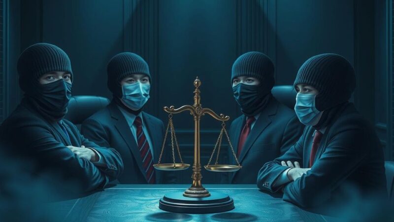 Маскированные агенты захватывают человека в зале суда, окружающие стенд с символикой закона и правосудия.