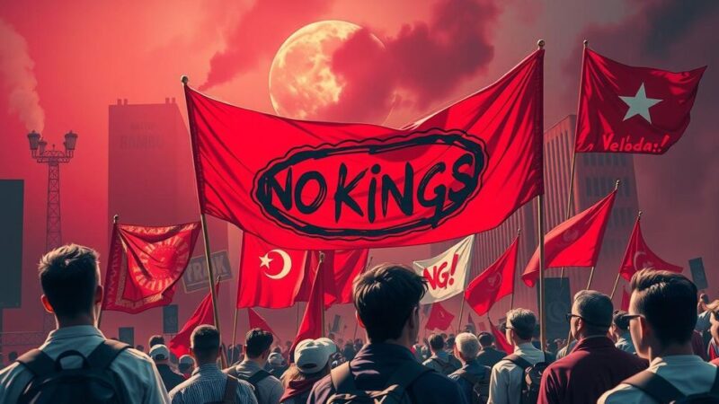Плакат с надписью "Нет Королям" на фоне протестующих в мирных демонстрациях.