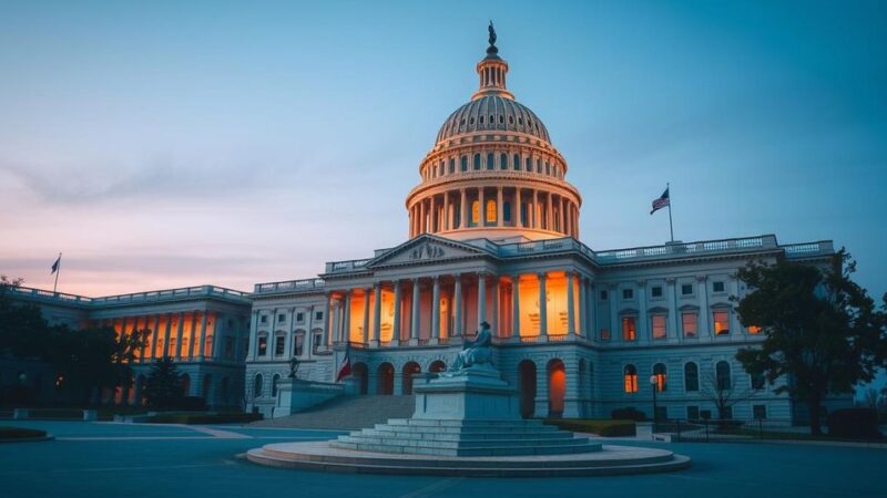 Здание Конгресса США на фоне вечернего неба, символизируя процесс принятия законопроектов.
