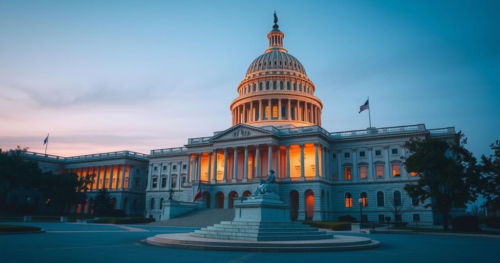 Здание Конгресса США на фоне вечернего неба, символизируя процесс принятия законопроектов.