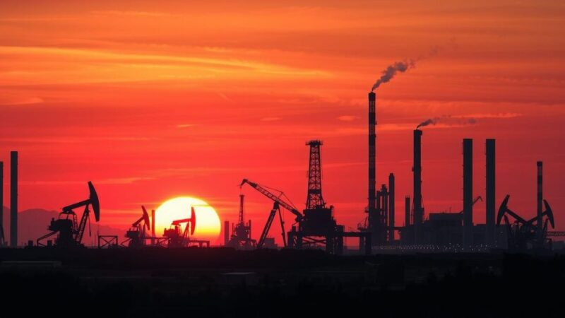Пейзаж с заводами и нефтяными вышками на фоне заката, небосвод окрашен в оранжевые и фиолетовые тона.