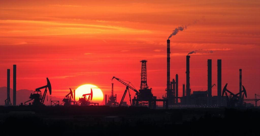 Пейзаж с заводами и нефтяными вышками на фоне заката, небосвод окрашен в оранжевые и фиолетовые тона.