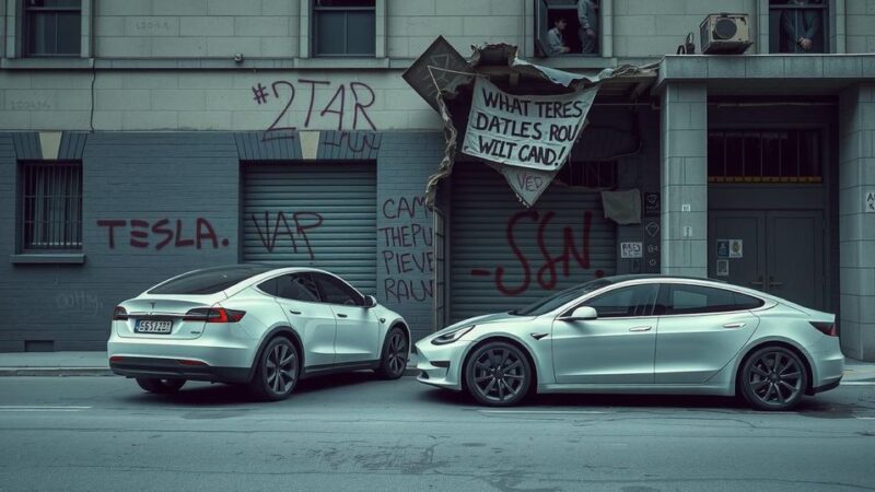 Электрические автомобили Tesla на фоне разрушенного здания с граффити и протестными знаками.