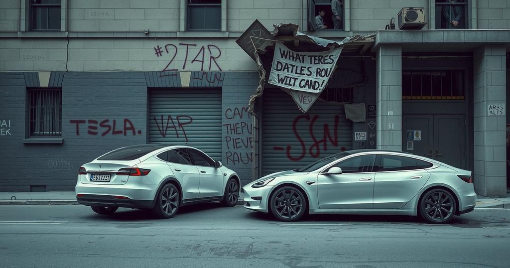 Электрические автомобили Tesla на фоне разрушенного здания с граффити и протестными знаками.
