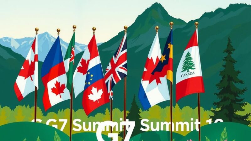 Дипломатическая встреча мировых лидеров на саммите G7 в Канаде, обсуждающие важные вопросы.