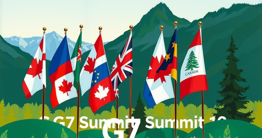 Дипломатическая встреча мировых лидеров на саммите G7 в Канаде, обсуждающие важные вопросы.