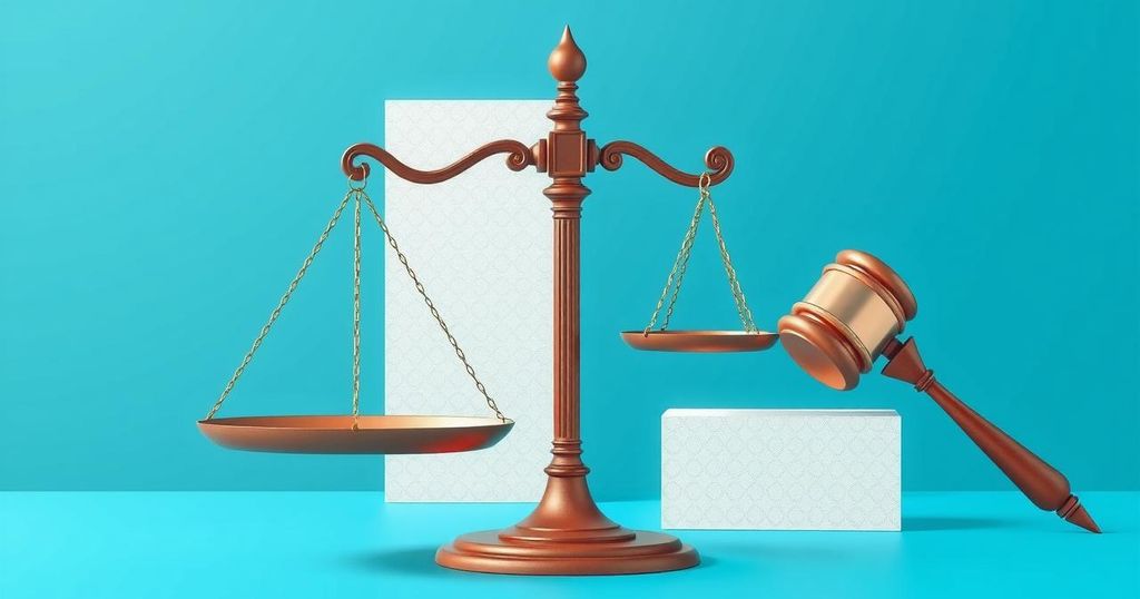 Контрастная абстракция с символами юстиции на фоновом небесно-голубом фоне.