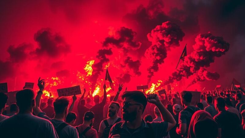Толпа протестующих на улице с дымом и факелами, в ярких цветах красного и черного, в стиле экспрессионизма.