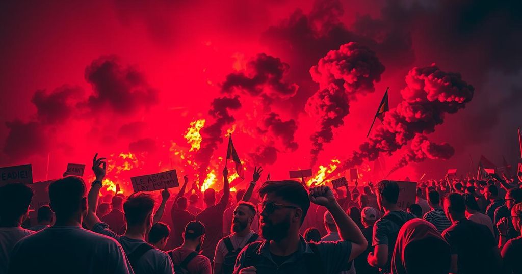 Толпа протестующих на улице с дымом и факелами, в ярких цветах красного и черного, в стиле экспрессионизма.