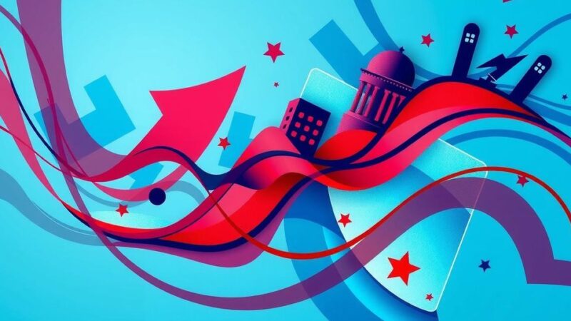 Цветной абстрактный фон с элементами, символизирующими изменения в политике и экономике.