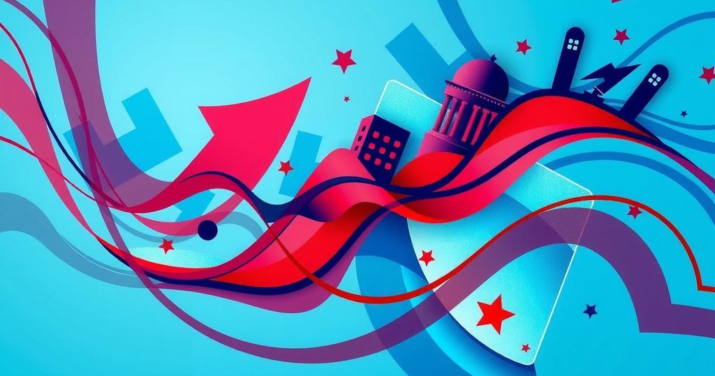 Цветной абстрактный фон с элементами, символизирующими изменения в политике и экономике.