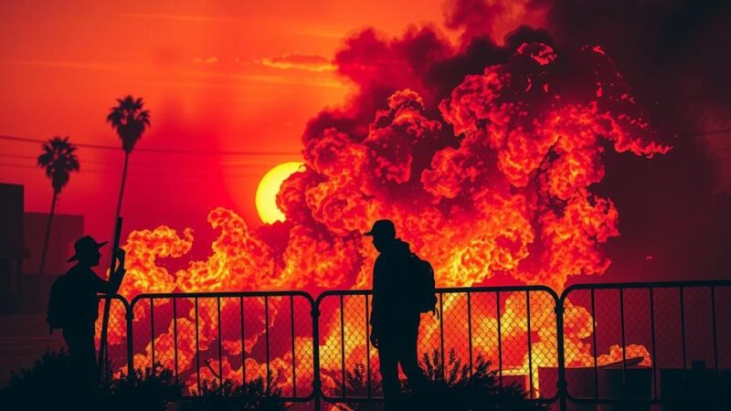 Баррикада из огня на фоне дымного заката в Лос-Анджелесе, символизирующая протесты и напряженность.