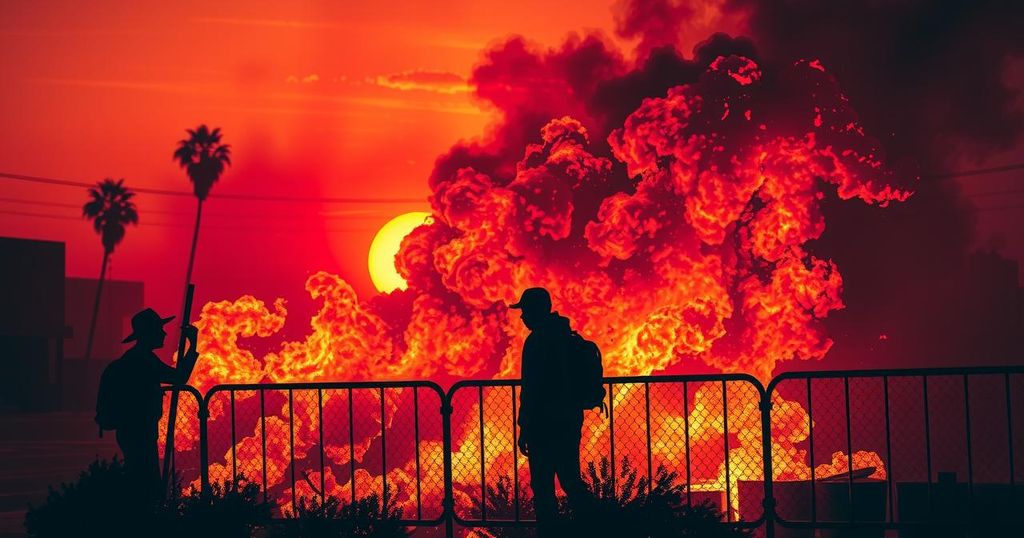Баррикада из огня на фоне дымного заката в Лос-Анджелесе, символизирующая протесты и напряженность.