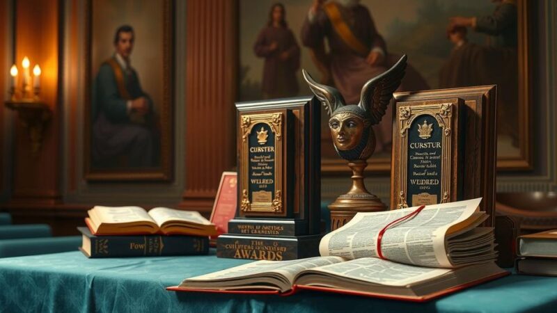 Церемония вручения награды, на котором демонстрируются награды в среде книг и академической обстановке.