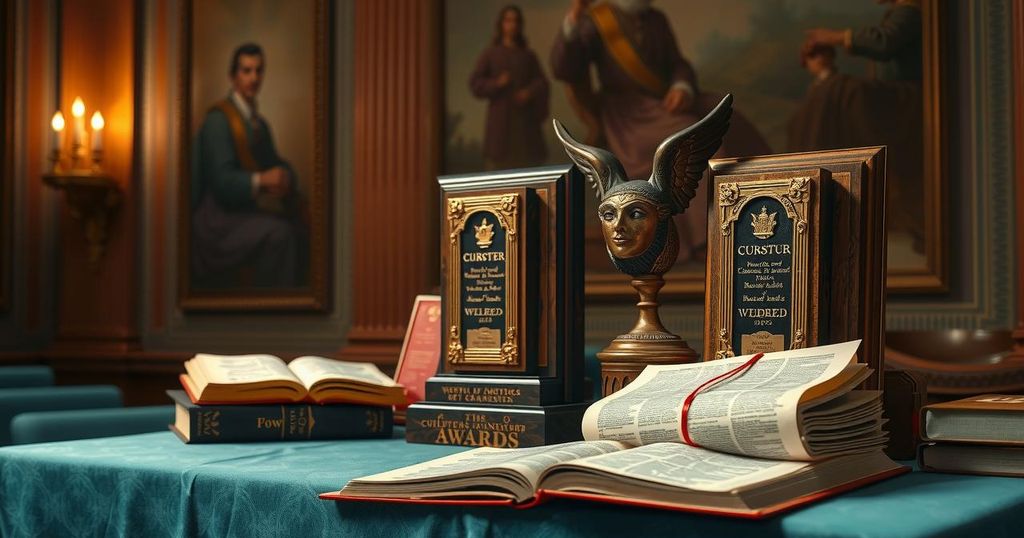 Церемония вручения награды, на котором демонстрируются награды в среде книг и академической обстановке.