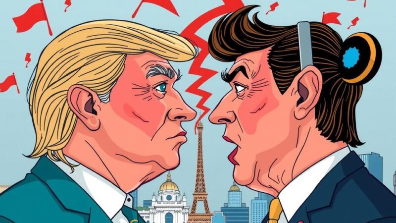 Конфликт между Трампом и Маском на фоне Вашингтона. Карикатура с символами власти и технологий в ярких цветах.
