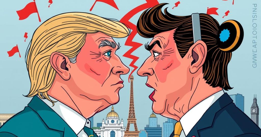 Конфликт между Трампом и Маском на фоне Вашингтона. Карикатура с символами власти и технологий в ярких цветах.