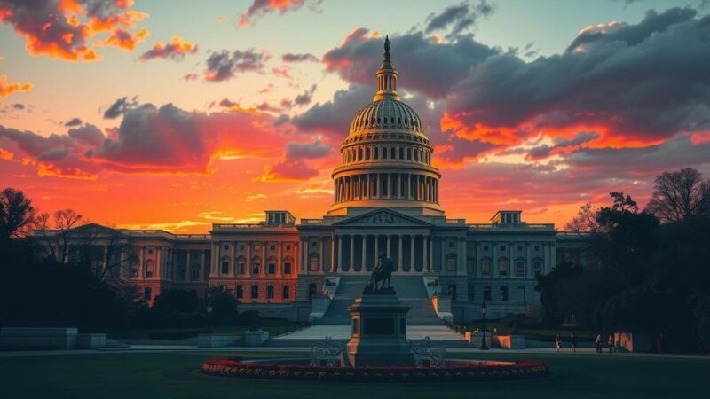 Капитолий США на фоне заката, символизирующий политические изменения и раздоры в партии.
