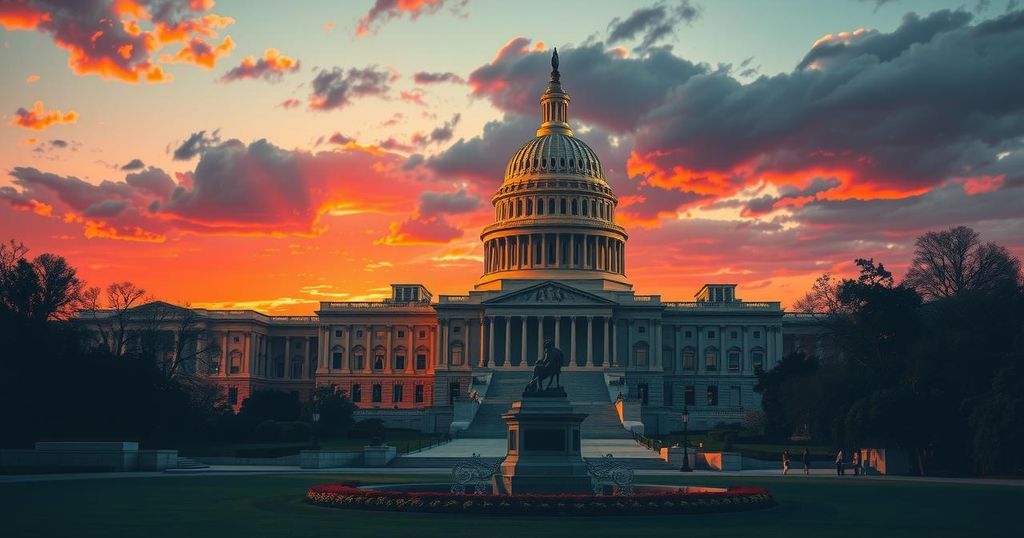 Капитолий США на фоне заката, символизирующий политические изменения и раздоры в партии.