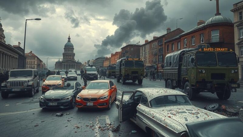 Протесты и силовые структуры в Лос-Анджелесе, мрачное небо, военная техника и разбитые машины.